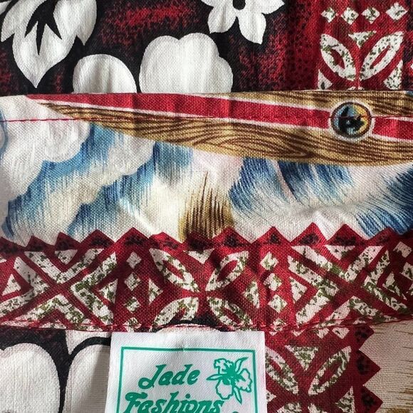 Jade Fashions Vintage Hawaiian Surf/Woody/Hibiscus Button Shirt Size S - Picture 5 of 5